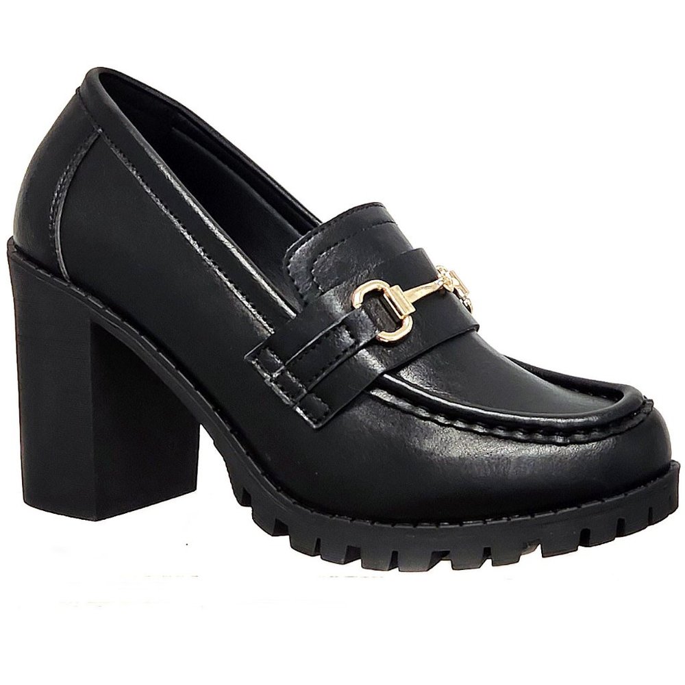 New Black Chain Platform Chunky Heel Penny Loafers